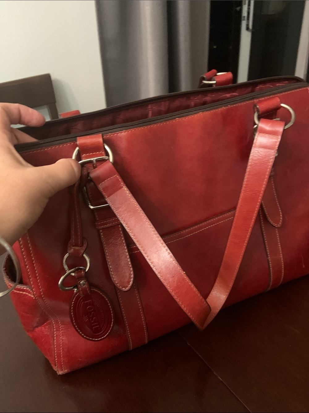 Fossil Red Leather Tote Bag